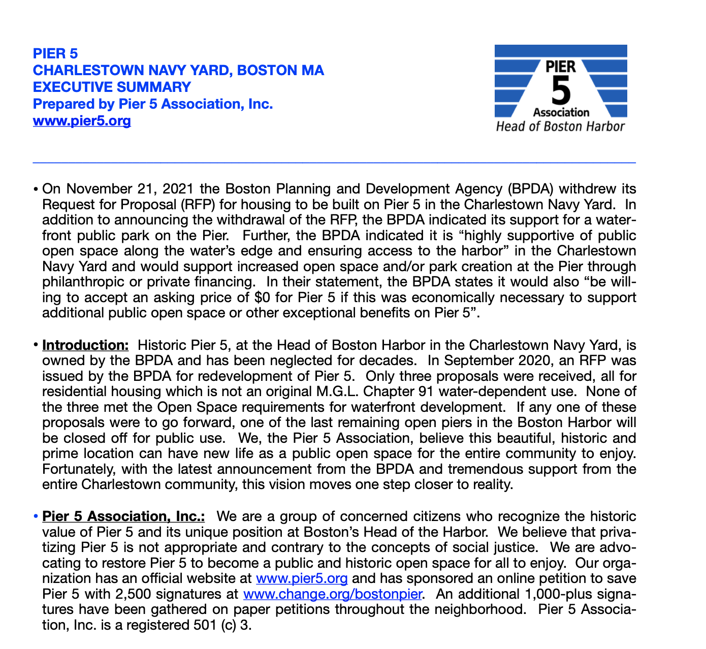 PIER 5CHARLESTOWN NAVY YARD, BOSTON MA EXECUTIVE SUMMARY